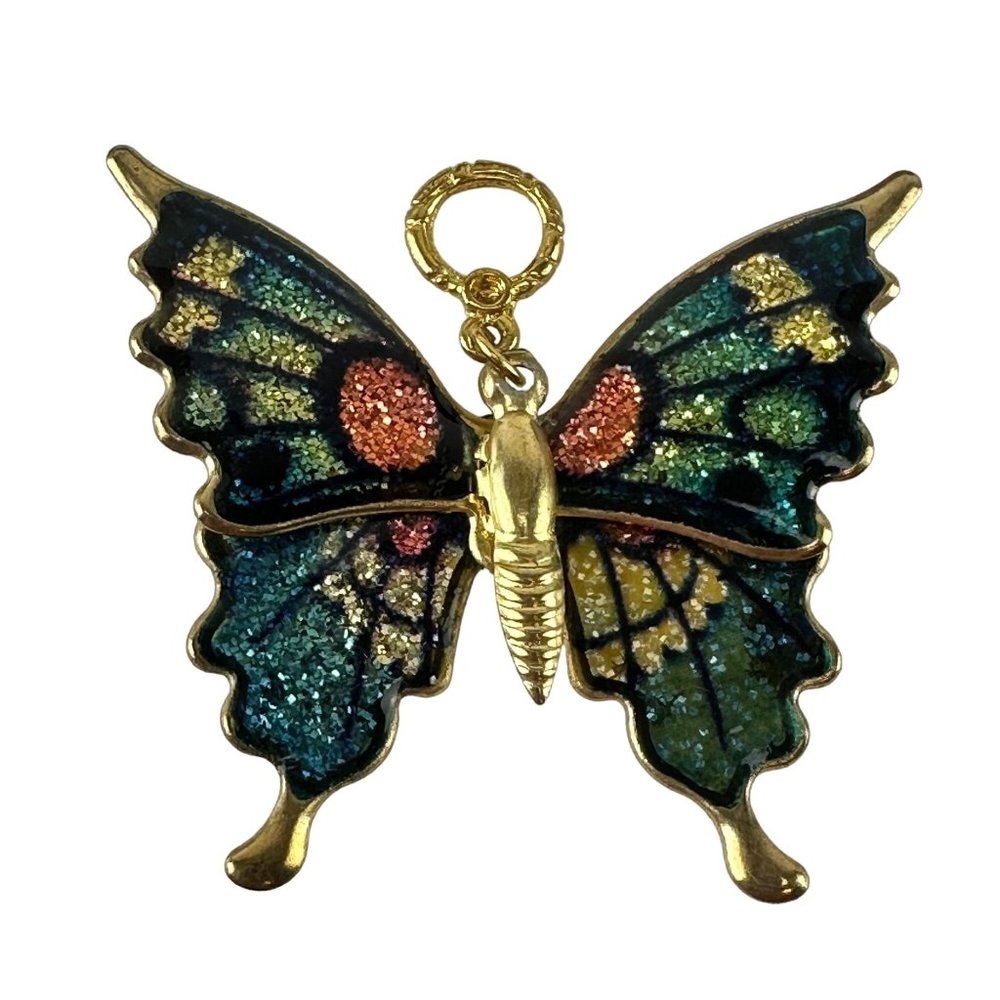 Vintage Enamel Glitter Butterfly Pendant Gold Tone